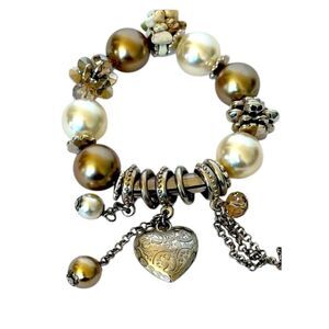 Retro Chunky Mocha Brown Faux Pearl Bead SilverTone Heart Charm stretch Bracelet